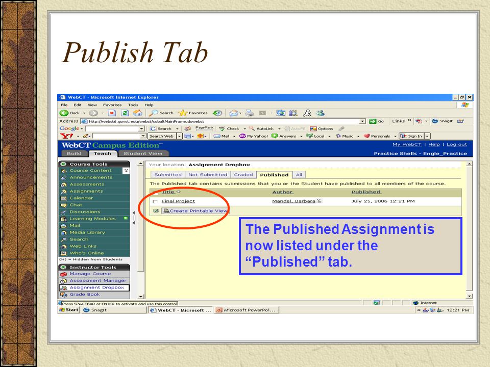 Publish Tab The Published Assignment is now listed under the Published tab.