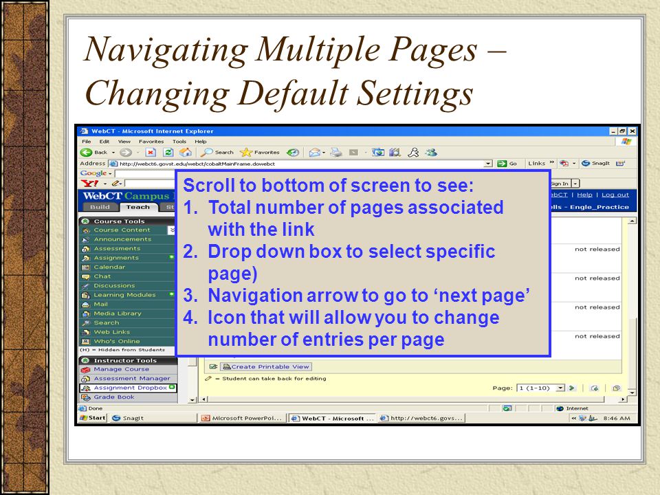 Navigating Multiple Pages – Changing Default Settings Scroll to bottom of screen to see: 1.Total number of pages associated with the link 2.Drop down box to select specific page) 3.Navigation arrow to go to ‘next page’ 4.Icon that will allow you to change number of entries per page