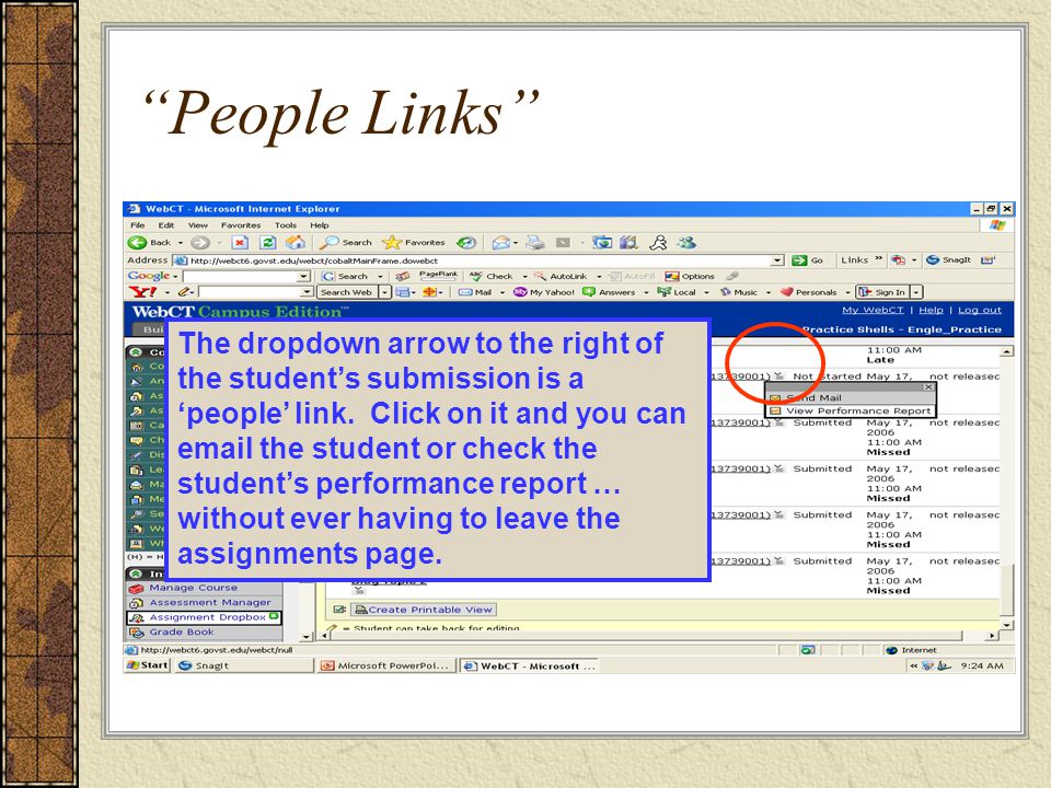 People Links The dropdown arrow to the right of the student’s submission is a ‘people’ link.