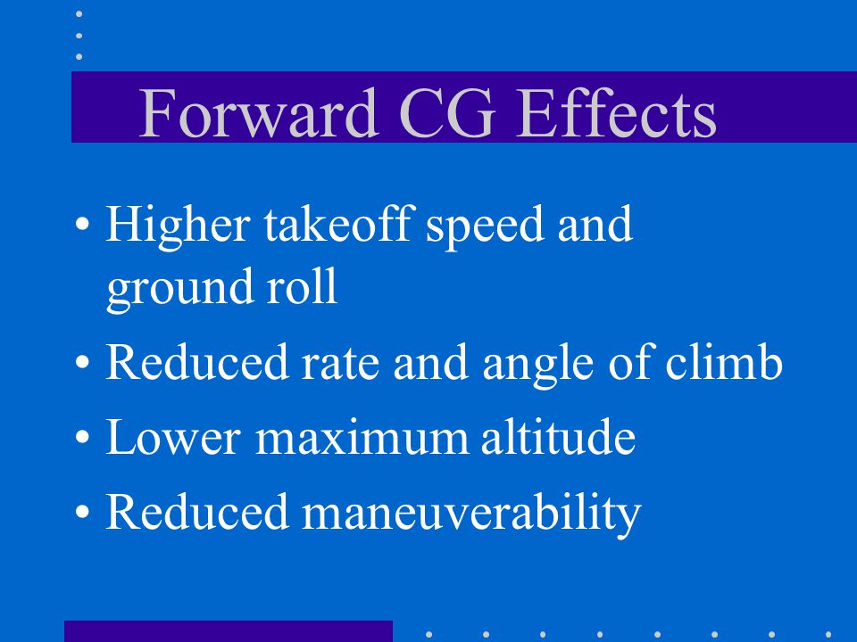 Forward CG Effects Higher takeoff speed and ground roll Reduced rate and angle of climb Lower maximum altitude Reduced maneuverability