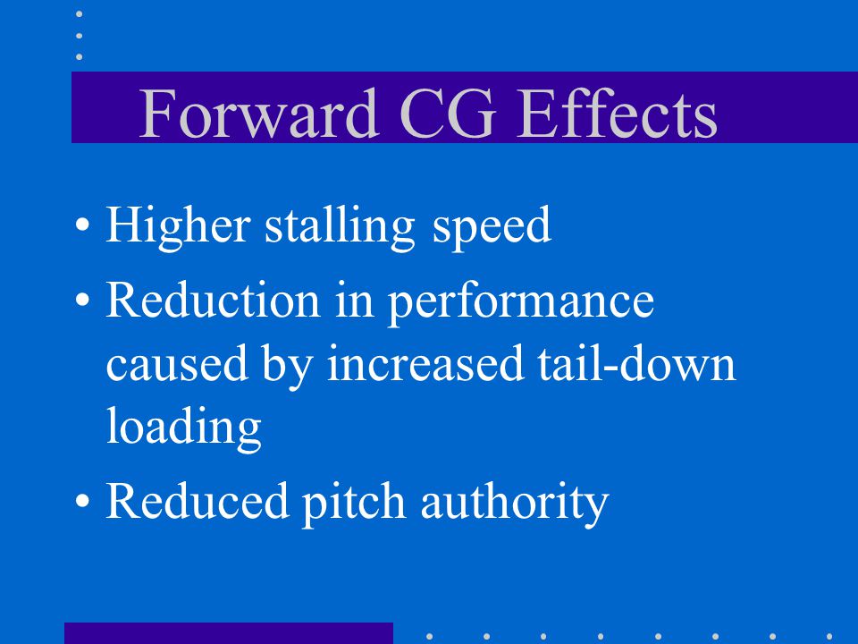 Forward CG Effects Higher stalling speed Reduction in performance caused by increased tail-down loading Reduced pitch authority