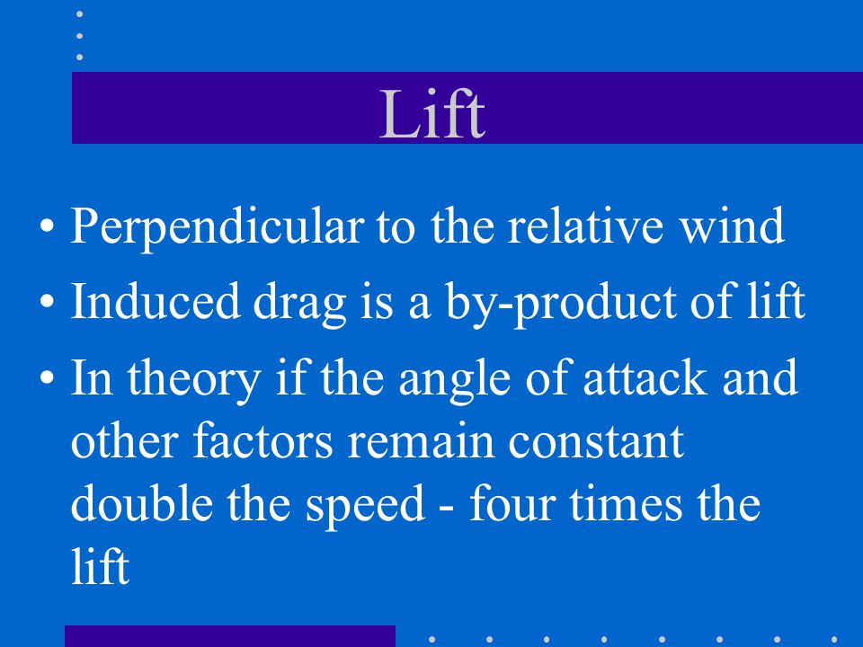 Lift Perpendicular to the relative wind Induced drag is a by-product of lift In theory if the angle of attack and other factors remain constant double the speed - four times the lift
