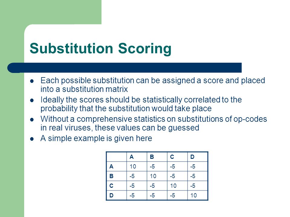 Substitution Scoring Each possible substitution can be assigned a score and placed into a substitution matrix Ideally the scores should be statistically correlated to the probability that the substitution would take place Without a comprehensive statistics on substitutions of op-codes in real viruses, these values can be guessed A simple example is given here ABCD A10-5 B 10-5 C 10-5 D 10