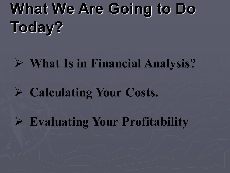 What We Are Going to Do Today.  What Is in Financial Analysis.