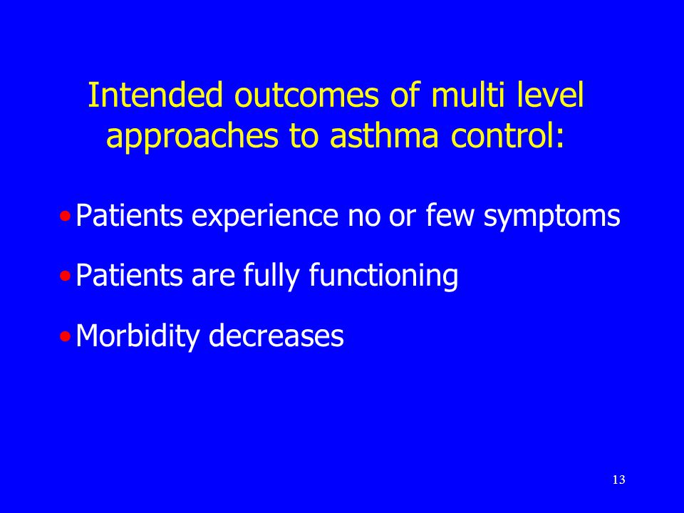 13 Intended outcomes of multi level approaches to asthma control: Patients experience no or few symptoms Patients are fully functioning Morbidity decreases