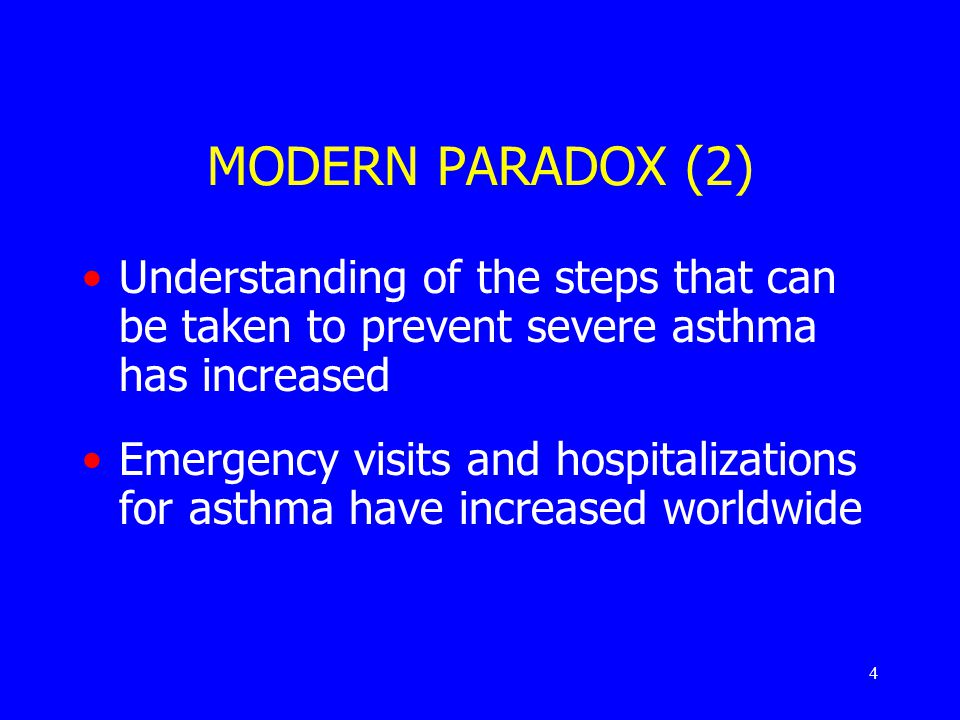 4 MODERN PARADOX (2) Understanding of the steps that can be taken to prevent severe asthma has increased Emergency visits and hospitalizations for asthma have increased worldwide
