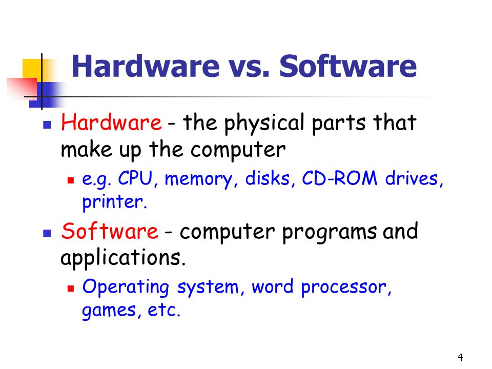 4 Hardware vs. Software Hardware - the physical parts that make up the computer e.g.