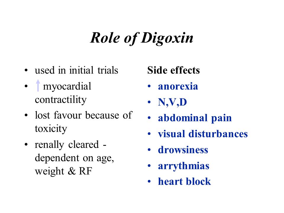 Role of Digoxin used in initial trials myocardial contractility lost favour because of toxicity renally cleared - dependent on age, weight & RF Side effects anorexia N,V,D abdominal pain visual disturbances drowsiness arrythmias heart block