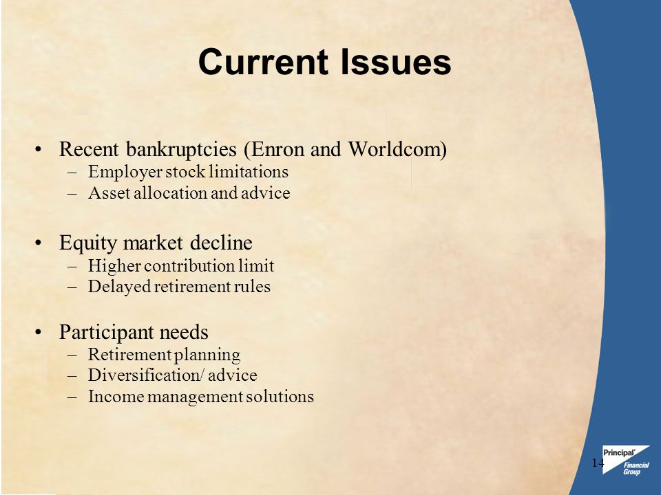 14 Current Issues Recent bankruptcies (Enron and Worldcom) –Employer stock limitations –Asset allocation and advice Equity market decline –Higher contribution limit –Delayed retirement rules Participant needs –Retirement planning –Diversification/ advice –Income management solutions