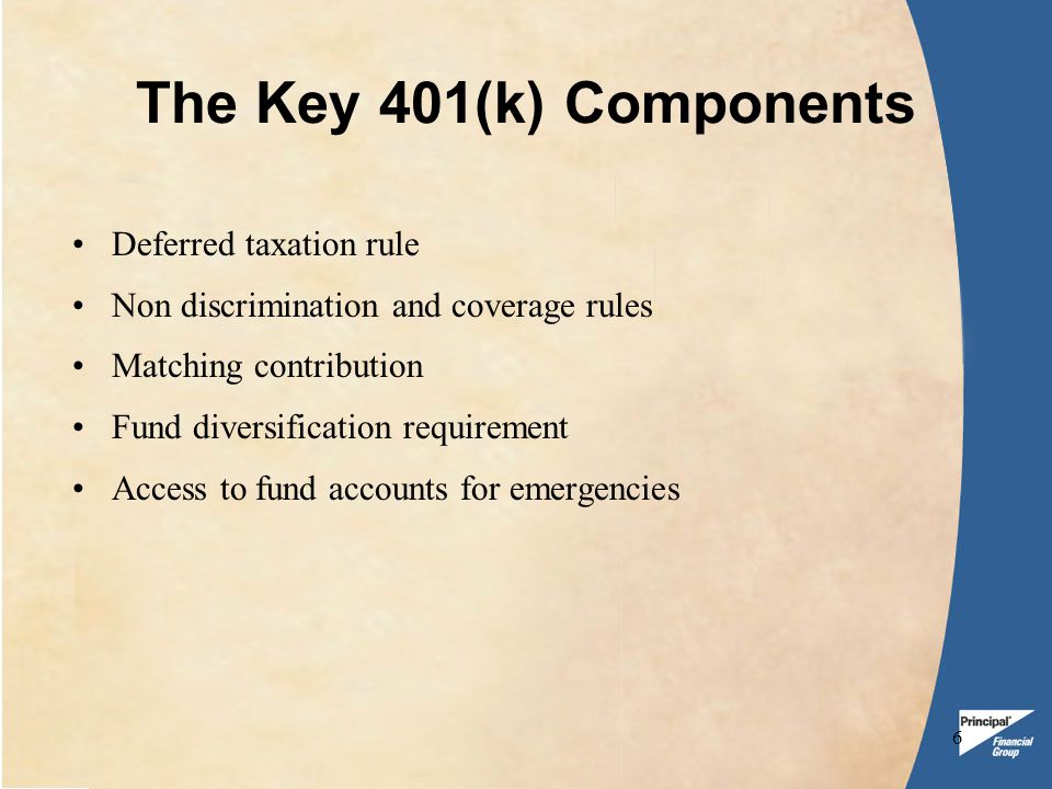 6 The Key 401(k) Components Deferred taxation rule Non discrimination and coverage rules Matching contribution Fund diversification requirement Access to fund accounts for emergencies