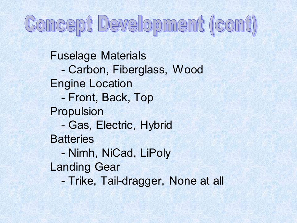 Fuselage Materials - Carbon, Fiberglass, Wood Engine Location - Front, Back, Top Propulsion - Gas, Electric, Hybrid Batteries - Nimh, NiCad, LiPoly Landing Gear - Trike, Tail-dragger, None at all
