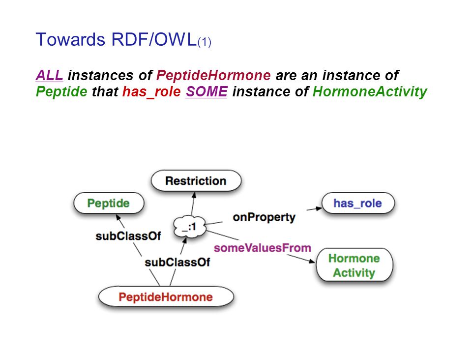 Towards RDF/OWL (1) ALL instances of PeptideHormone are an instance of Peptide that has_role SOME instance of HormoneActivity
