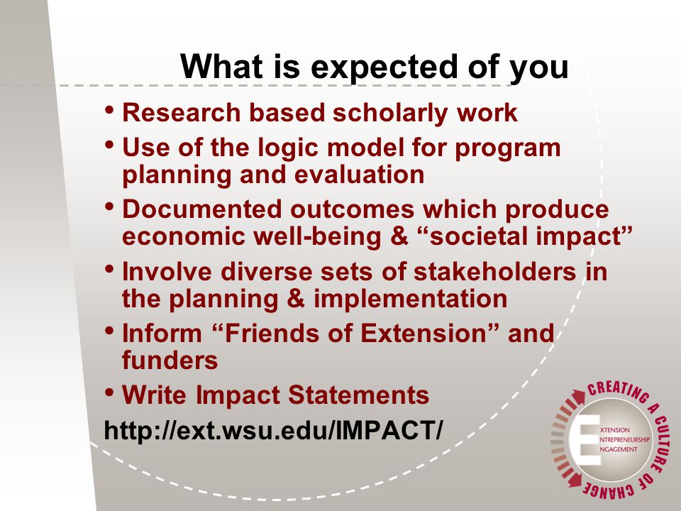 Research based scholarly work Use of the logic model for program planning and evaluation Documented outcomes which produce economic well-being & societal impact Involve diverse sets of stakeholders in the planning & implementation Inform Friends of Extension and funders Write Impact Statements   What is expected of you