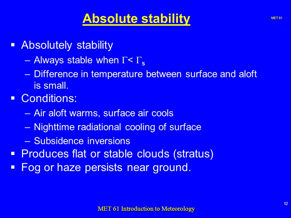 MET MET 61 Introduction to Meteorology Absolute stability  Absolutely stability –Always stable when  <  s –Difference in temperature between surface and aloft is small.