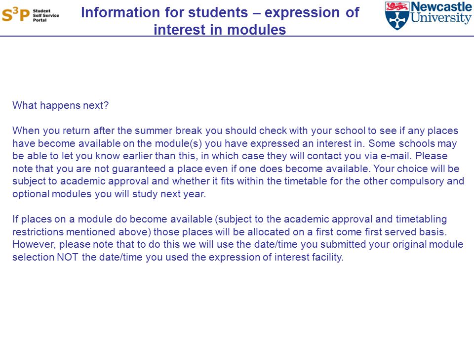 Information for students – expression of interest in modules What happens next.