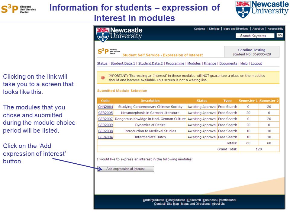Information for students – expression of interest in modules Clicking on the link will take you to a screen that looks like this.