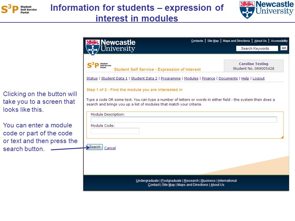 Information for students – expression of interest in modules Clicking on the button will take you to a screen that looks like this.
