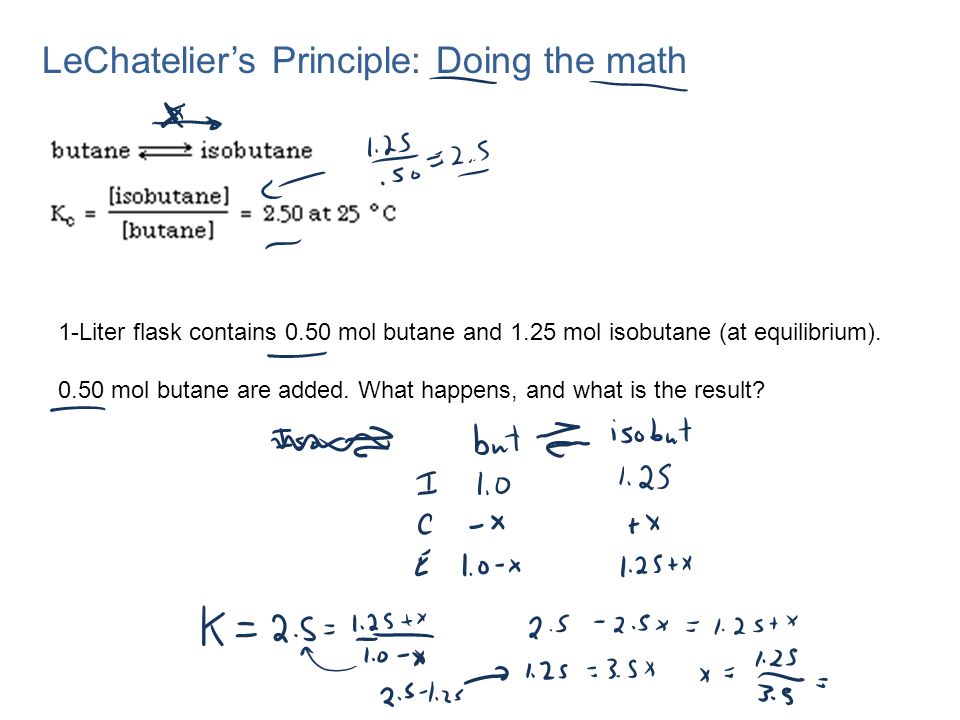 LeChatelier’s Principle: Doing the math 1-Liter flask contains 0.50 mol butane and 1.25 mol isobutane (at equilibrium).