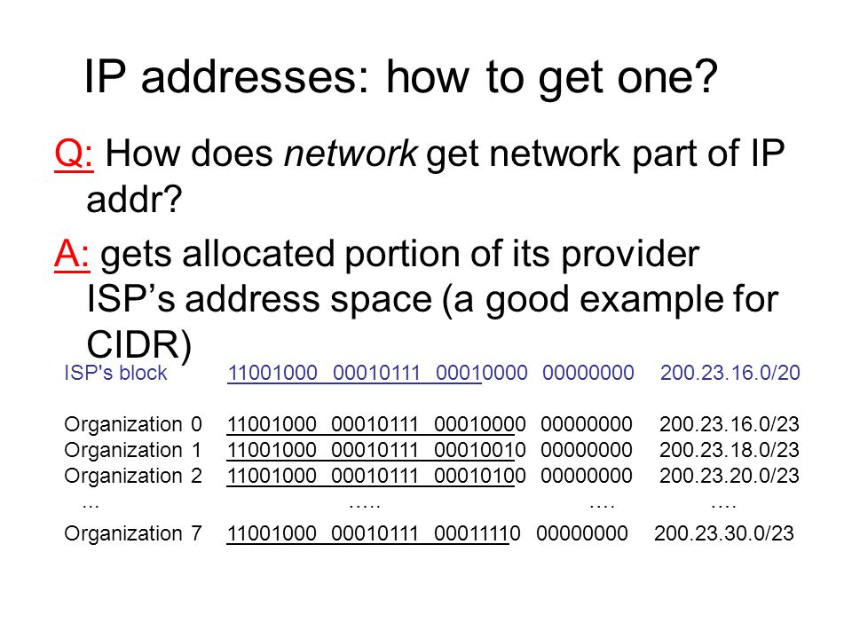IP addresses: how to get one. Q: How does network get network part of IP addr.