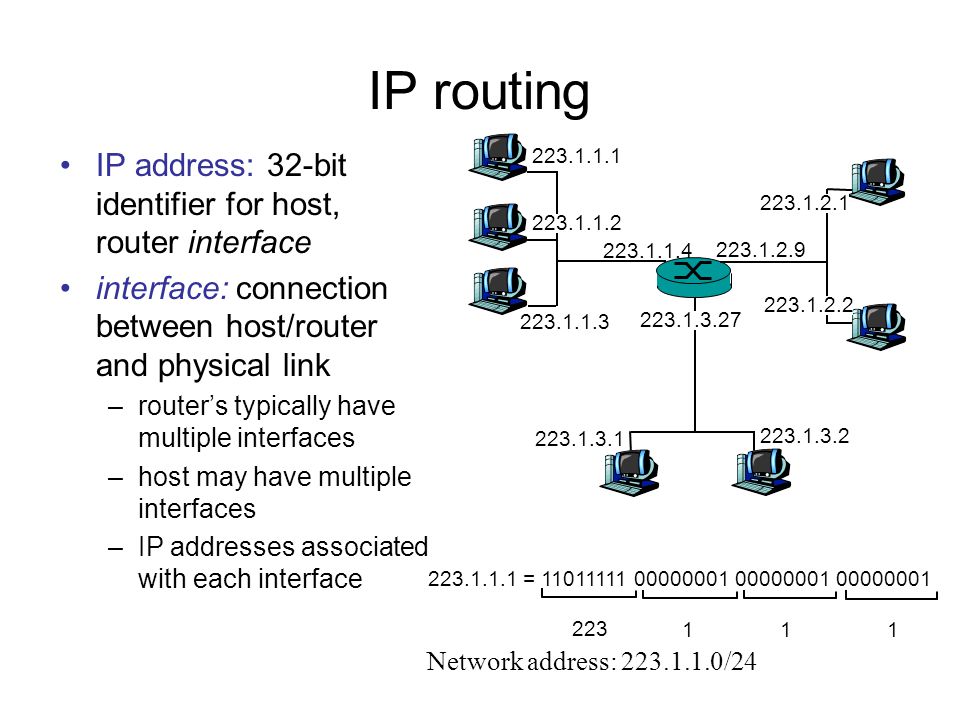 IP routing IP address: 32-bit identifier for host, router interface interface: connection between host/router and physical link –router’s typically have multiple interfaces –host may have multiple interfaces –IP addresses associated with each interface = Network address: /24