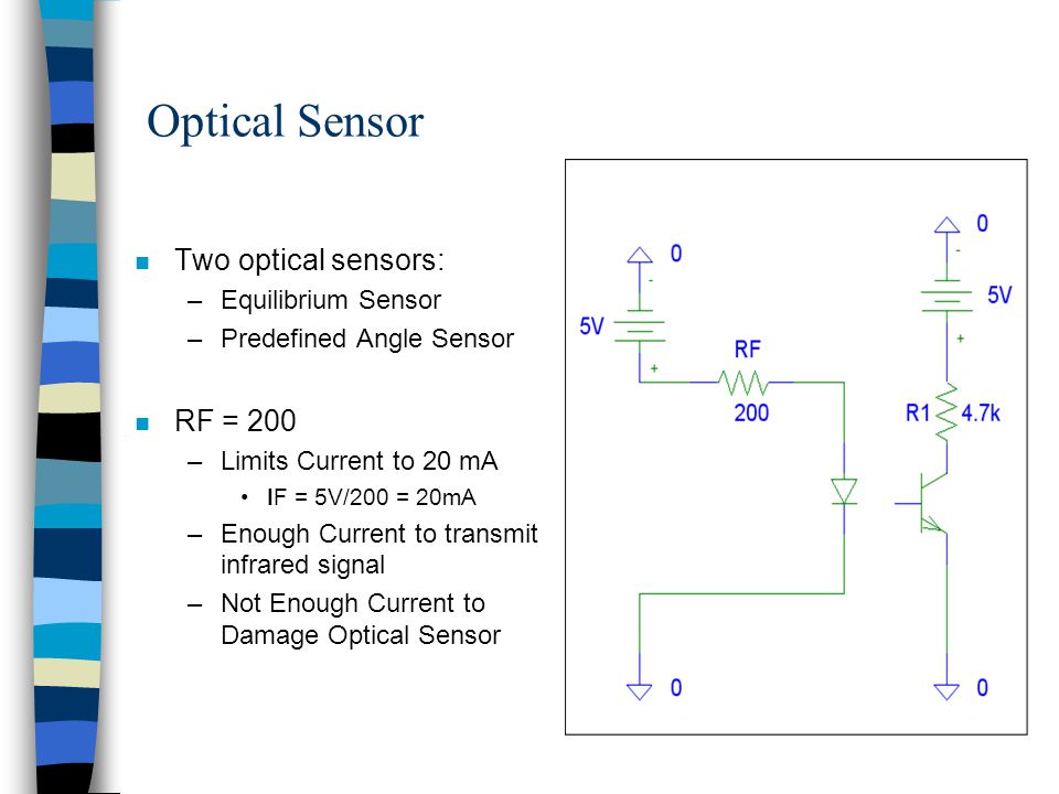 Optical Sensor n Two optical sensors: –Equilibrium Sensor –Predefined Angle Sensor n RF = 200 –Limits Current to 20 mA IF = 5V/200 = 20mA –Enough Current to transmit infrared signal –Not Enough Current to Damage Optical Sensor