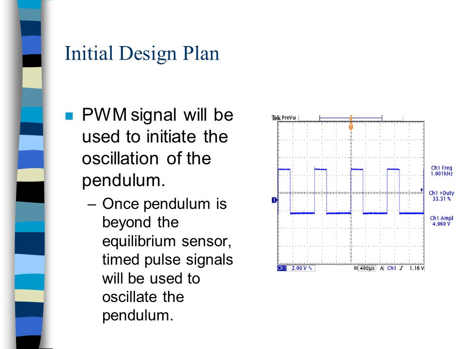Initial Design Plan n PWM signal will be used to initiate the oscillation of the pendulum.