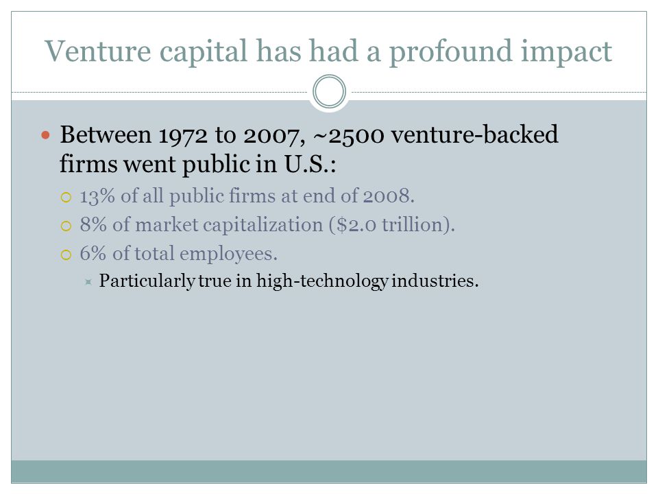 Venture capital has had a profound impact Between 1972 to 2007, ~2500 venture-backed firms went public in U.S.:  13% of all public firms at end of 2008.