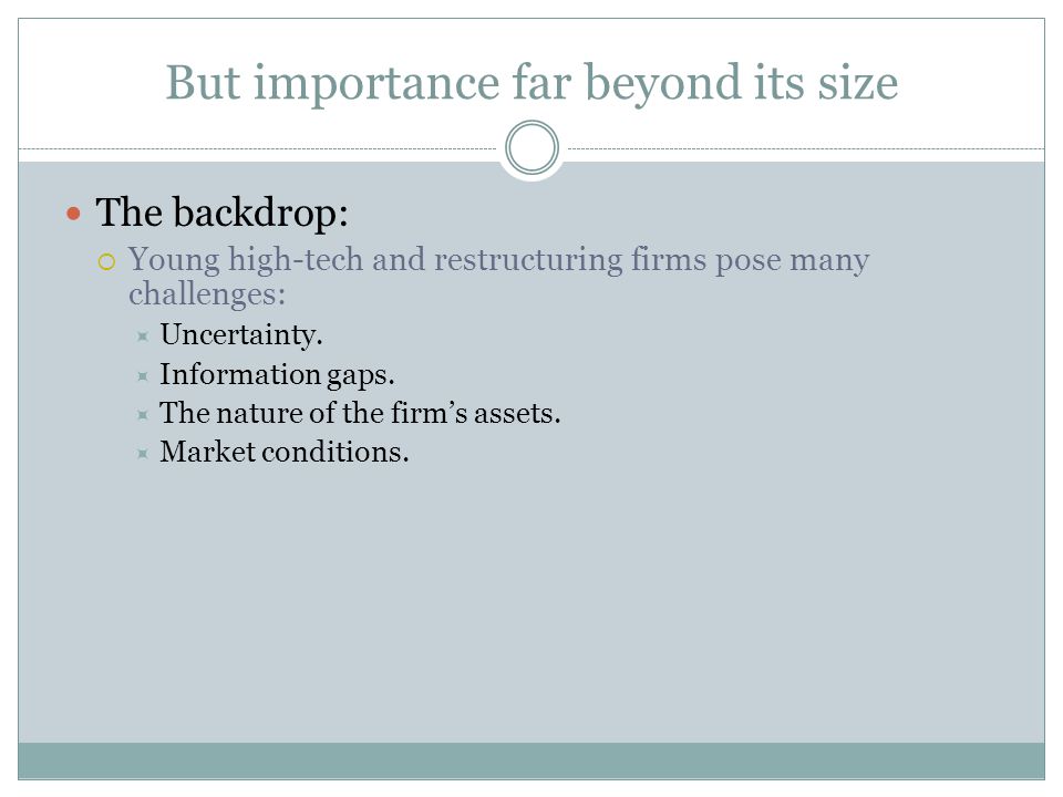 But importance far beyond its size The backdrop:  Young high-tech and restructuring firms pose many challenges:  Uncertainty.