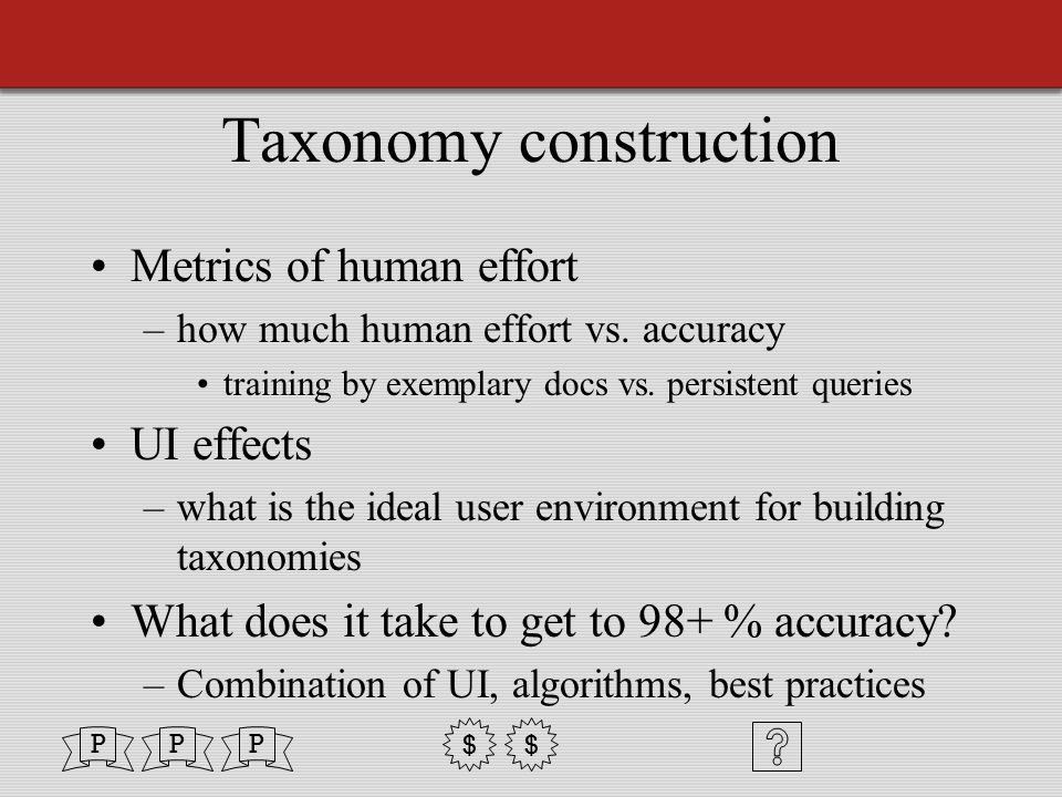 Taxonomy construction Metrics of human effort –how much human effort vs.