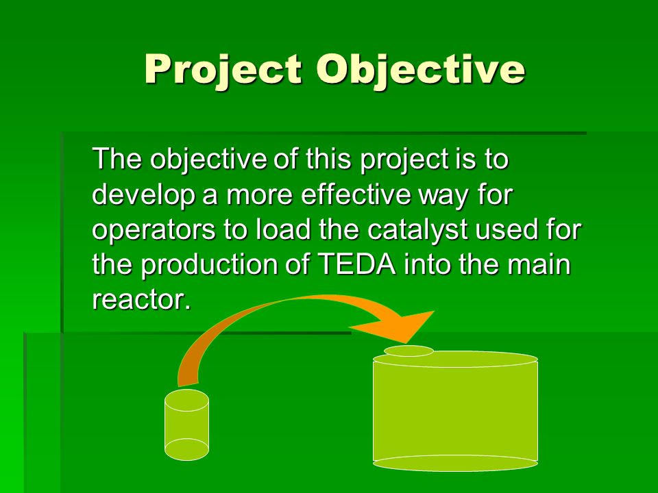 Project Objective The objective of this project is to develop a more effective way for operators to load the catalyst used for the production of TEDA into the main reactor.