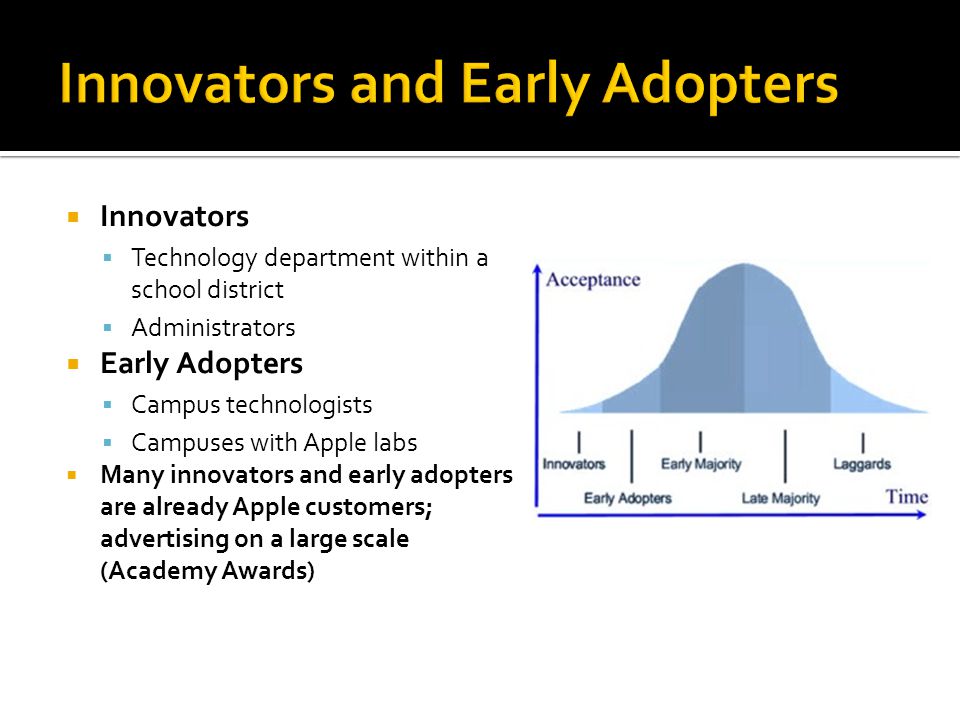 Innovators  Technology department within a school district  Administrators  Early Adopters  Campus technologists  Campuses with Apple labs  Many innovators and early adopters are already Apple customers; advertising on a large scale (Academy Awards)