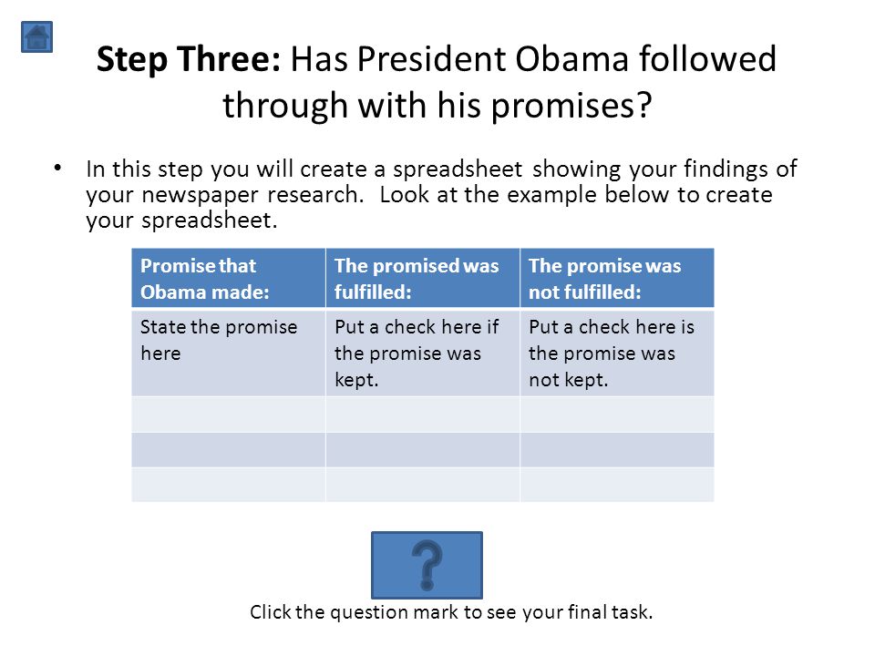 Step Three: Has President Obama followed through with his promises.