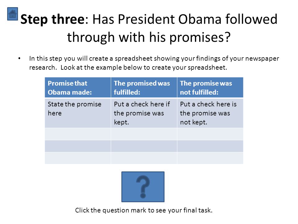 Step three: Has President Obama followed through with his promises.