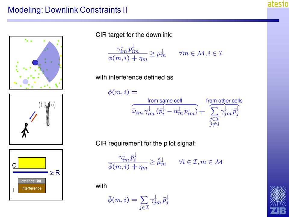 Modeling: Downlink Constraints II interference C I  R R other cell int. ^