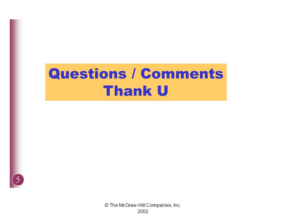 5 © The McGraw-Hill Companies, Inc Questions / Comments Thank U