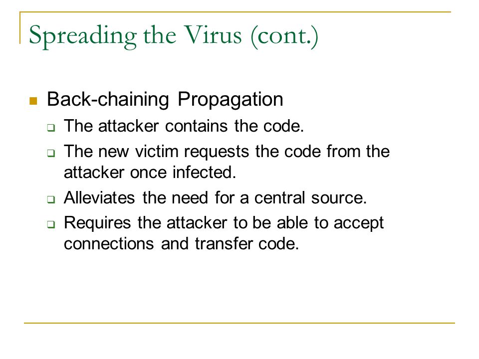 Spreading the Virus (cont.) ‏ Back-chaining Propagation  The attacker contains the code.