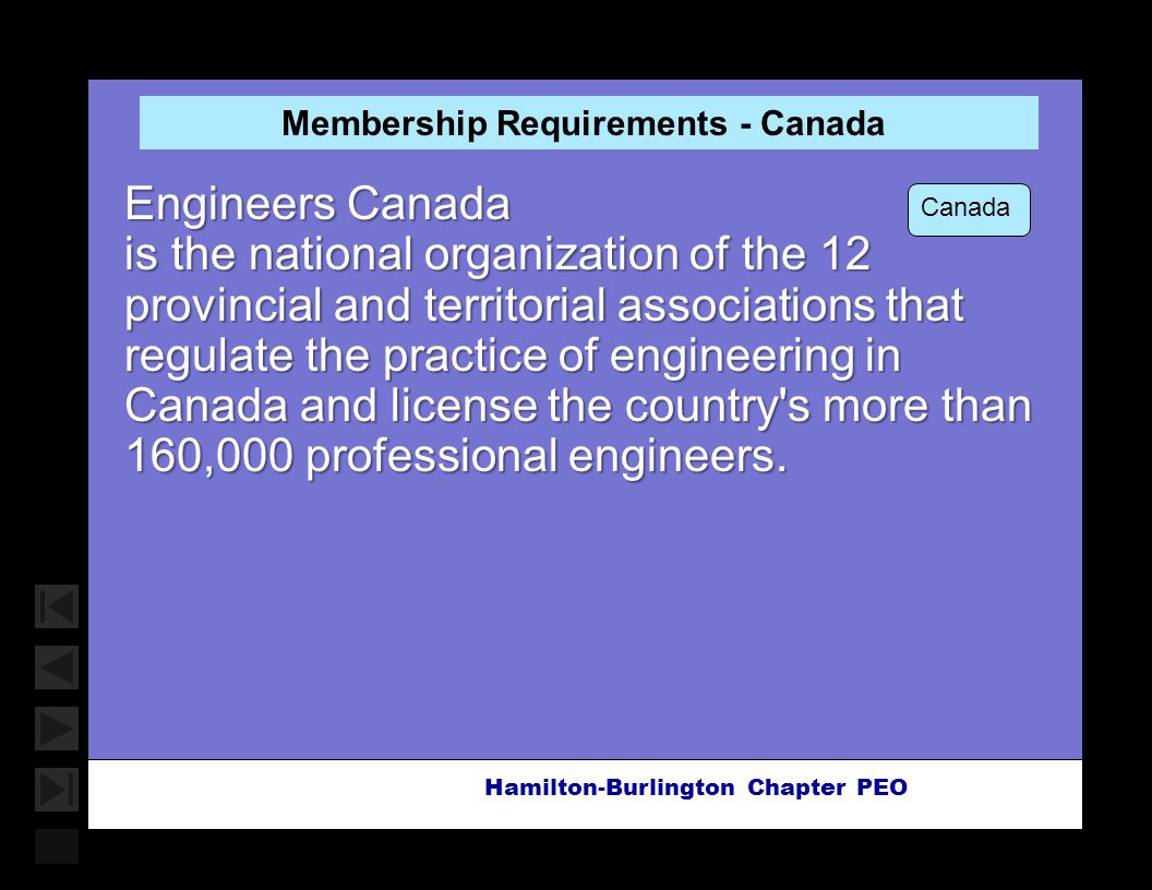 Soar with Science Hamilton-Burlington Chapter PEO Membership Requirements - Canada Engineers Canada is the national organization of the 12 provincial and territorial associations that regulate the practice of engineering in Canada and license the country s more than 160,000 professional engineers.