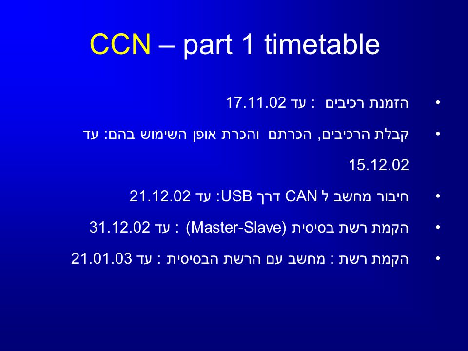 CCN – part 1 timetable הזמנת רכיבים : עד קבלת הרכיבים, הכרתם והכרת אופן השימוש בהם: עד חיבור מחשב ל CAN דרך USB: עד הקמת רשת בסיסית (Master-Slave) : עד הקמת רשת : מחשב עם הרשת הבסיסית : עד