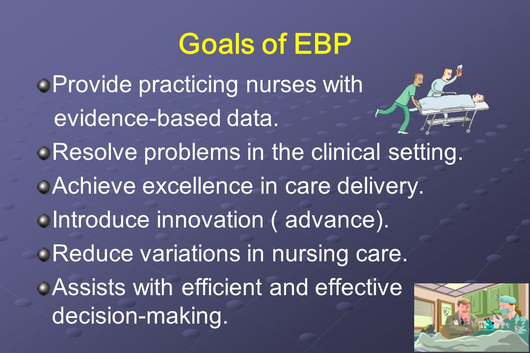 Goals of EBP Provide practicing nurses with evidence-based data.