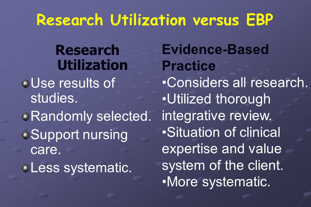 Research Utilization versus EBP Research Utilization Use results of studies.