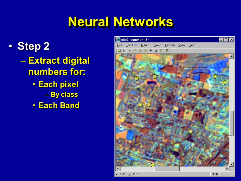 Neural Networks Step 2 –Extract digital numbers for: Each pixel –By class Each Band Step 2 –Extract digital numbers for: Each pixel –By class Each Band