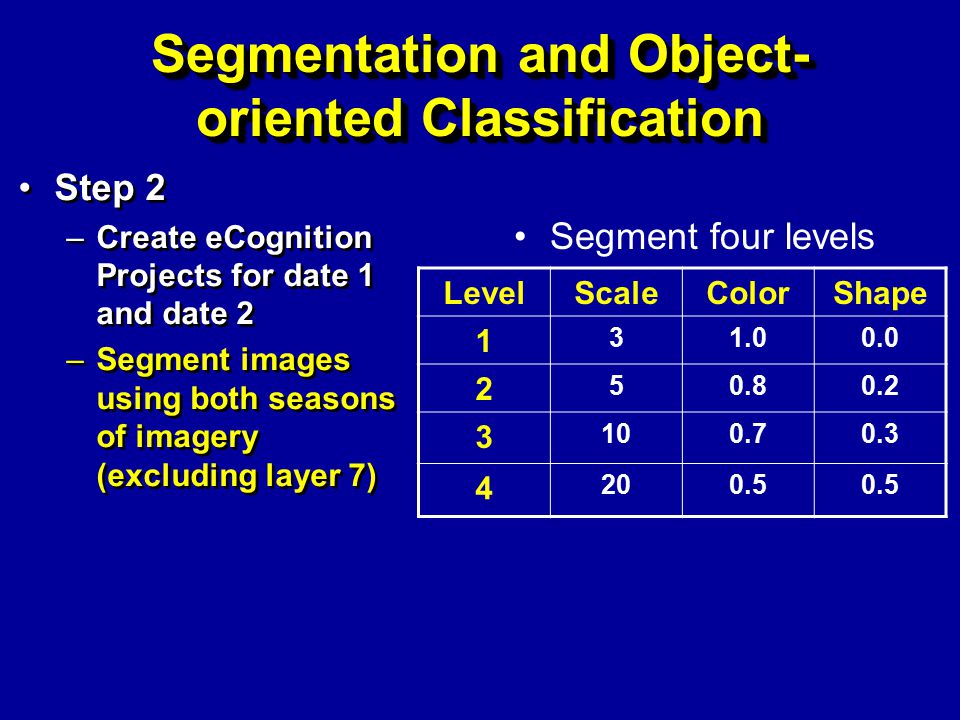 Segmentation and Object- oriented Classification Step 2 –Create eCognition Projects for date 1 and date 2 –Segment images using both seasons of imagery (excluding layer 7) Step 2 –Create eCognition Projects for date 1 and date 2 –Segment images using both seasons of imagery (excluding layer 7) Segment four levels LevelScaleColorShape
