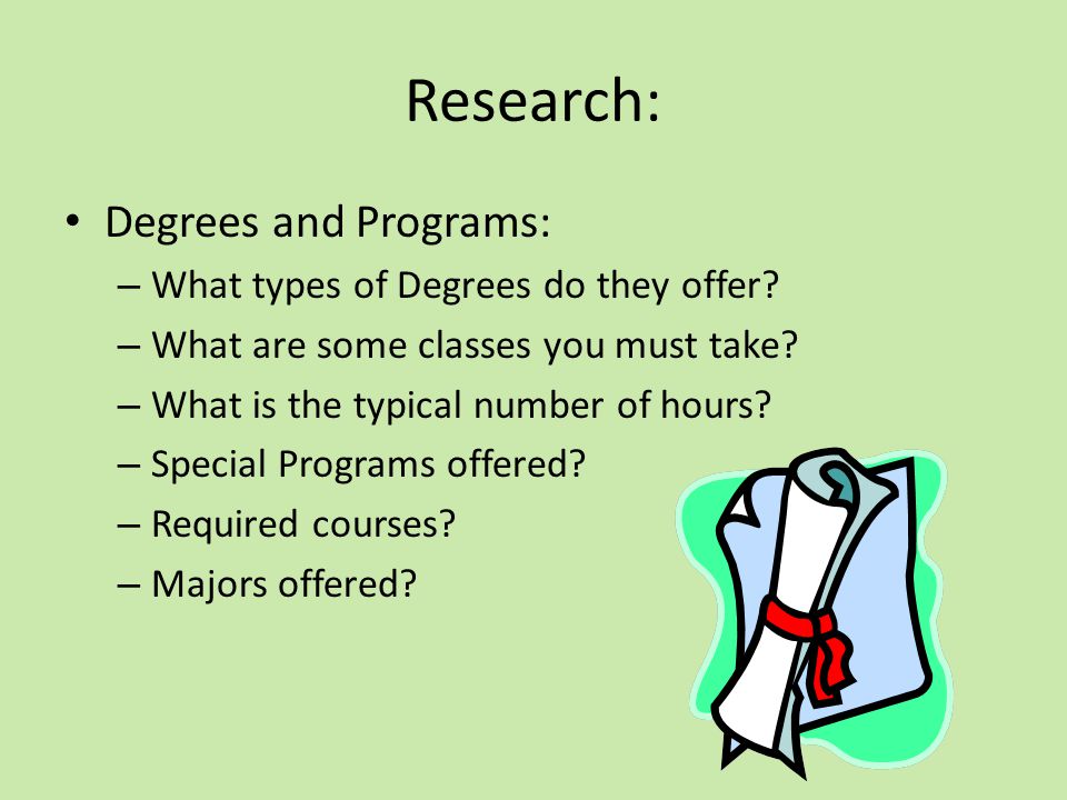 Research: Degrees and Programs: – What types of Degrees do they offer.