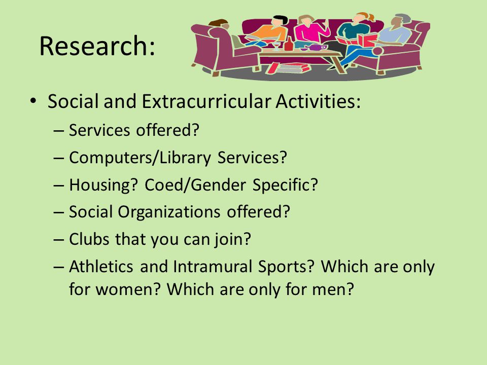 Research: Social and Extracurricular Activities: – Services offered.