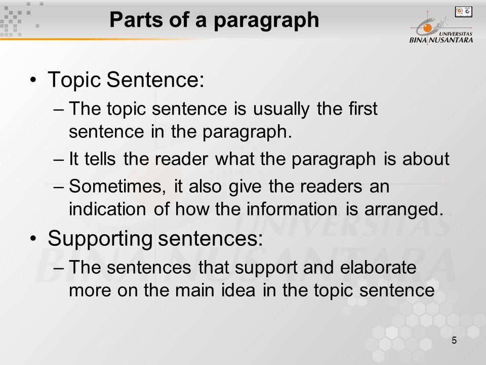 5 Parts of a paragraph Topic Sentence: –The topic sentence is usually the first sentence in the paragraph.
