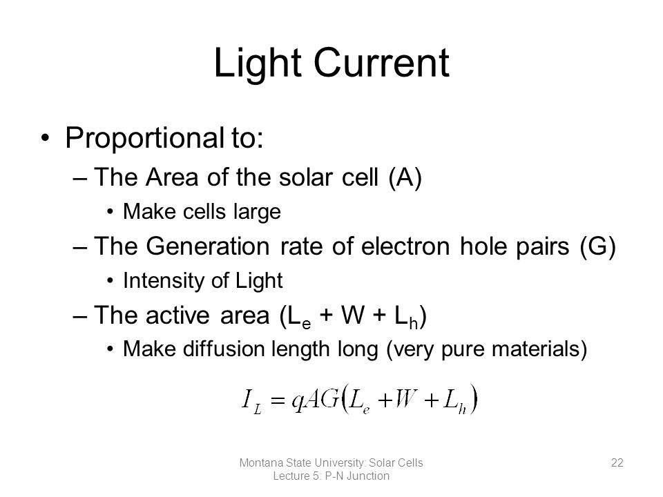 Light Current Proportional to: –The Area of the solar cell (A) Make cells large –The Generation rate of electron hole pairs (G) Intensity of Light –The active area (L e + W + L h ) Make diffusion length long (very pure materials) 22Montana State University: Solar Cells Lecture 5: P-N Junction