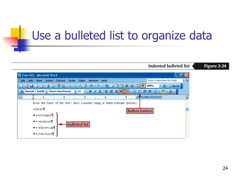 24 Use a bulleted list to organize data