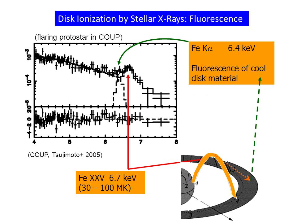  Fe K  6.4 keV Fluorescence of cool disk material Disk Ionization by Stellar X-Rays: Fluorescence Fe XXV 6.7 keV (30 – 100 MK) (COUP, Tsujimoto+ 2005) (flaring protostar in COUP)