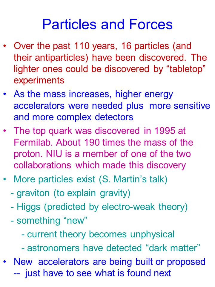 Particles and Forces Over the past 110 years, 16 particles (and their antiparticles) have been discovered.