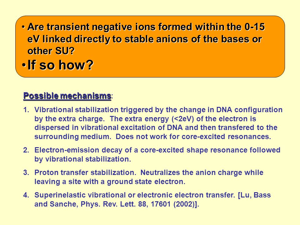 Are transient negative ions formed within the 0-15 eV linked directly to stable anions of the bases or other SU Are transient negative ions formed within the 0-15 eV linked directly to stable anions of the bases or other SU.